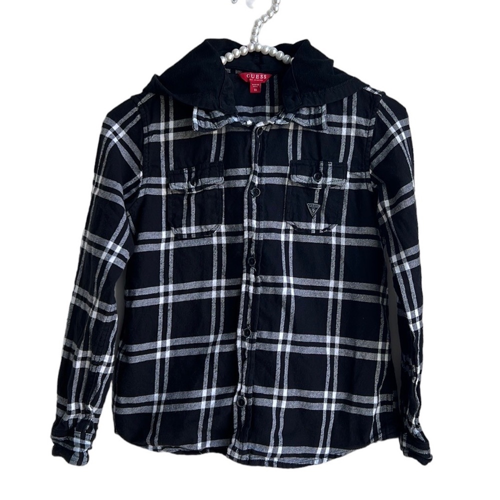 Guess Black Plaid Button Front Shirt with Roll Tab Sleeves Removable hood